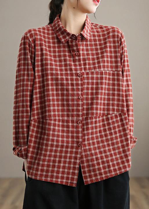 Loose Lapel Patchwork Spring Blouse Sleeve Brown red Plaid Top