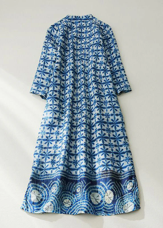 Chinese Style Blue Button Print Pockets Linen Dresses Half Sleeve