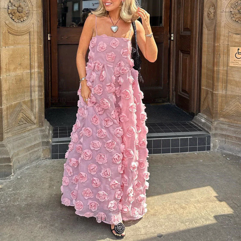 Heavy Industry Three Dimensional Rose Floral Strap Dress Backless Dress