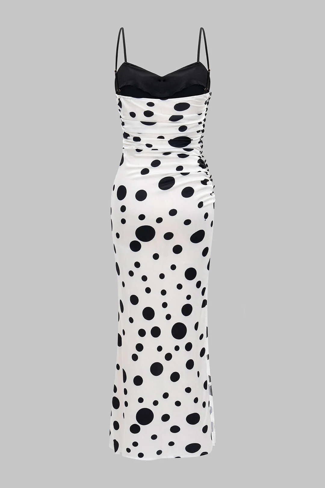 Polka Dots Print Satin Ruched Patchwork Sleeveless Maxi Dress