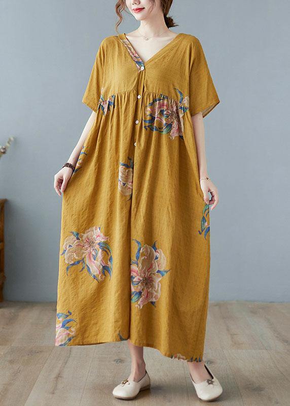 Plus Size Grey Retro Button Summer Print Half Sleeve Maxi Dress